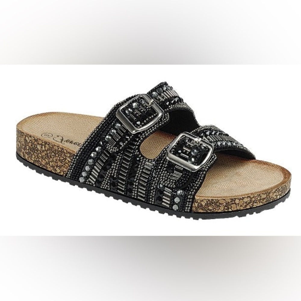 Women's Embellished Cork Buckles Flat Sandals. Black Various Sizes